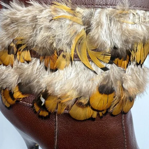 Bebe Vintage Brown Leather Feather-Trimmed Stiletto Boots – Size 6 Used - Picture 7 of 7